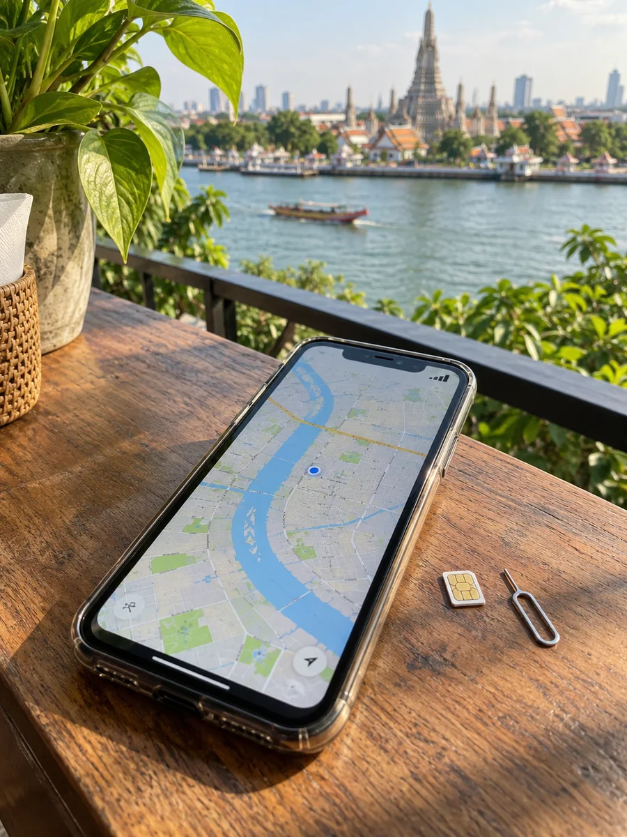 Teléfono con un mapa de Bangkok y una tarjeta SIM junto al río